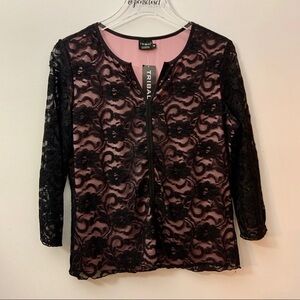 Tribal NWT  Black Lace V Neck Top Size Medium